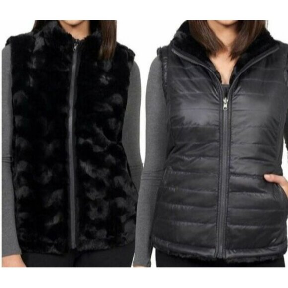 QUILTED FAUX FUR REVERSIBLE VEST SIZE S BLACK NICOLE MILLER FULL ZIPPER WOMENS - Picture 1 of 7
